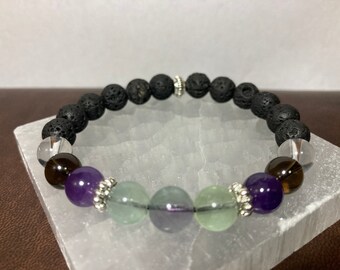 Pulsera de cuentas de piedras preciosas de fuerza del guerrero, amatista, cuarzo ahumado, cuarzo transparente, fluorita arcoíris, joyería curativa con cristales, conexión a tierra y calma