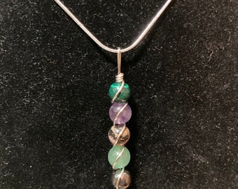 Radiant Healing Necklace Gemstone Copper Beaded Wire Wrapped Crystal Bead Pendant Malachite Rhodonite Amethyst Aventurine Hematite