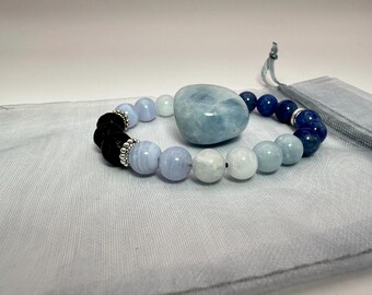 Pulsera elástica con cuentas de piedras preciosas de aguamarina, cuentas de cristal, joyería de energía curativa, encaje azul, ágata, calcita, aventurina, chakra de la garganta, Vishuddha