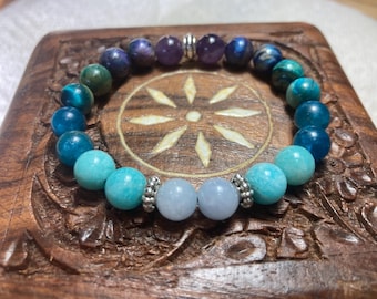 Pulsera elástica con cuentas de meditación y aguamarina, energía relajante y calmante, curación con cuentas de cristal, tranquilidad, armonía, paz interior, amatista