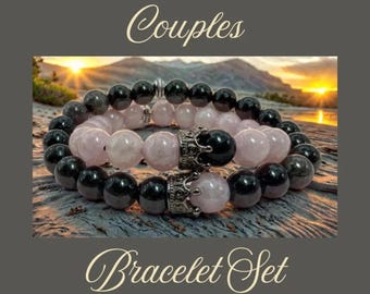 Juego de pulseras a juego para parejas, pulseras de cuentas de piedras preciosas de obsidiana de cuarzo rosa con dijes de corona, regalo romántico de aniversario para él y para ella.