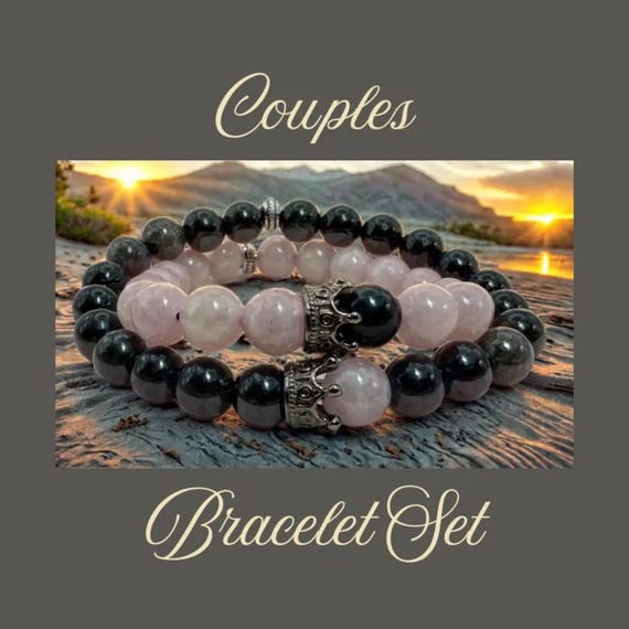 Matching Couples Bracelets Set Rose Quartz Obsidian Gemstone