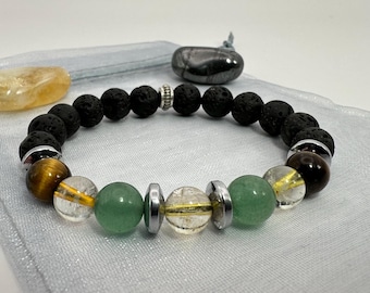 Pulsera de Prosperidad y Abundancia: citrino, ojo de tigre, hematita, aventurina y lava. Pulsera de cristal de 8 mm para la prosperidad y la buena suerte.