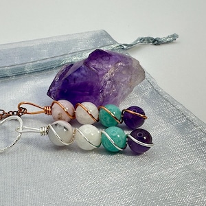 May include: Two necklaces with wire-wrapped gemstone pendants. The necklaces are on a light blue background. The pendants are made with amethyst, rose quartz, white agate, and turquoise stones.