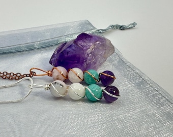 Collar del zodíaco Virgo, colgante envuelto en alambre de cobre, ópalo rosa, amatista, amazonita, piedra lunar, joyería astrológica para cumpleaños de agosto y septiembre