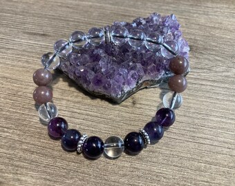 Pulsera de cuentas de piedras preciosas del chakra de la corona, séptimo centro de energía, Sahasrara, cuarzo transparente, amatista, fluorita, aventurina morada, joyería curativa con cristales