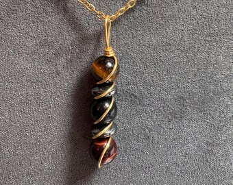 Colgante de hematita ojo de tigre con cuentas de gema, hecho a mano con alambre, collar con cuentas de cristal, joyería de energía curativa, idea de regalo.