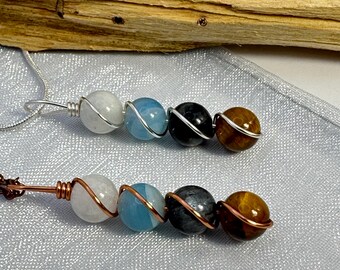 Collar del zodíaco Géminis, colgante envuelto en alambre de cobre, ojo de tigre, piedra lunar, labradorita, encaje azul, ágata, joyería de cumpleaños de mayo y junio