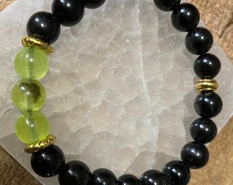 Pulsera de cuentas de cristal de peridoto y obsidiana negra, crisólito y olivino