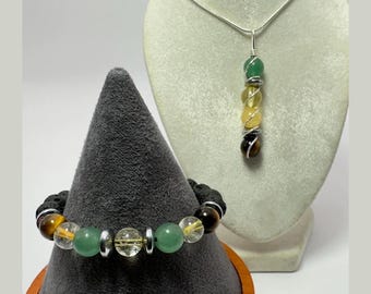 Conjunto de pulsera y collar con cuentas de piedras preciosas para manifestar éxito, riqueza y buena suerte, y atraer dinero, citrino, ojo de tigre y aventurina.
