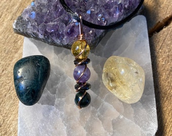 Handmade Copper Wire wrapped necklace with Citrine, Amethyst, Hematite & Apatite - Crystal healing energy pendant positivity grounding gift