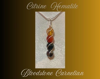 Vital Essence Gemstone Beaded Healing Necklace Citrine Carnelian Bloodstone  Hematite Cooper Wire Wrapped Pendant Energy Crystal Jewelry