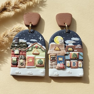 Christmas Winter Night Earrings Fun Festive Holiday Jewelry • Handmade Polymer Clay Jewellery • Unique Custom Christmas Gift For Women