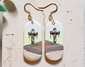Boucles d'oreilles chrétiennes en croix, boucles d'oreilles faites main pour Pâques