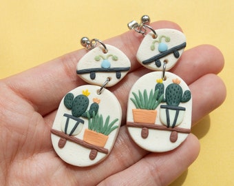 Plant Shelf Polymer Clay Earrings, Handmade Jewelry, Nature Inspired