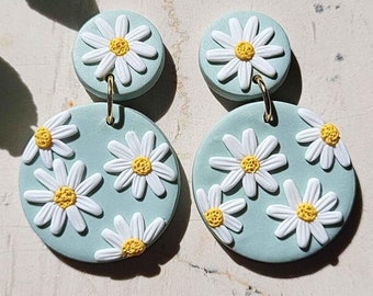 Brincos de flor de margarida, brincos florais de argila de polímero feitos à mão, joias de primavera e verão para ela, com clipes