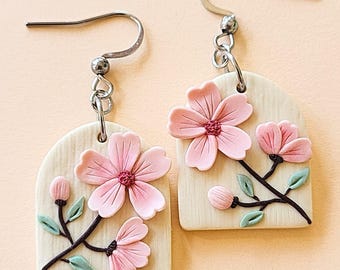 Sakura Flower Earrings, Floral Polymer Clay Earrings, Handmade Jewelry Gift For Her