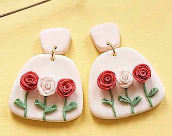 Rose Earrings, Flower Polymer Clay Earrings, Handmade Gift For Mom