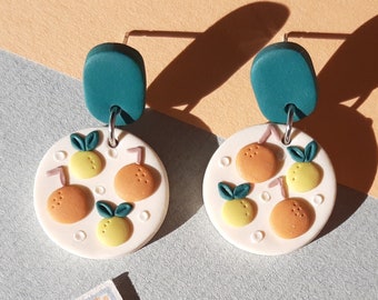 Orange And Lemon Earrings, Polymer Clay Fruit Jewelry, Summer