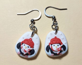 Christmas Penguin Earrings, Handmade Polymer Clay Jewelry, Christmas Gift For Women