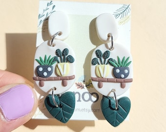 Dangle Plant shelf Earrings, Green Leaf Earrings, Polymer Clay Jewelry, Cute Botanical Gift For Her, Christmas Present