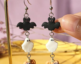 Small Dangle Halloween Earrings Spooky Bat Pumpkin Ghost Earrings Autumn Fall Jewelry