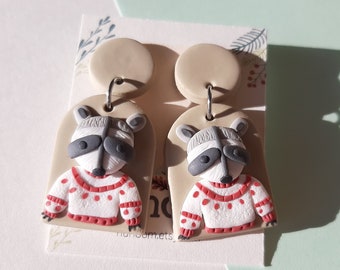 Funny Raccoon Earrings, Handmade Polymer Clay Jewellery, Raccoon Lover Gift For Women