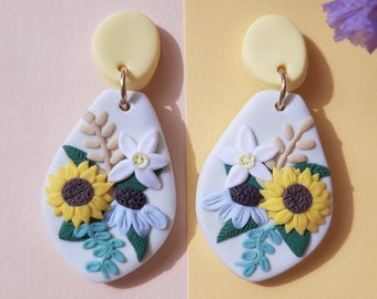 Sunflower Earrings, Polymer Clay Earrings, Handmade Jewelry, Boho Floral, Mother's Day Gift
