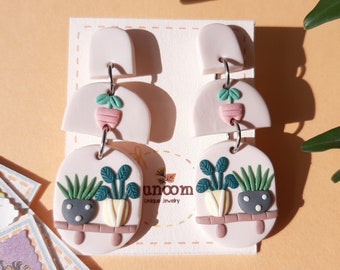 Dangle Plant Shelf Earrings, Botanical Earrings, Plant Lover Gift For Women, Handmade Polymer Clay Jewelry