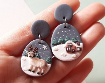 Christmas Reindeer Earrings Winter Clay Earrings, Cute Holiday Jewelry, Unique Christmas Gift for Her, Clip-Ons