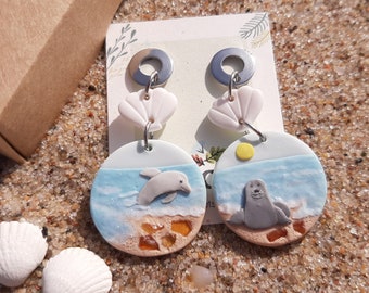 Dolphin And Seal Earrings With Natural Amber, Statement Earrings, Polymer Clay Jewellery