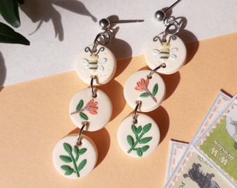Dangle Flower Earrings Cute Bee Earrings Statement Jewelry, Spring Polymer Clay Earrings