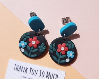 Flower Clay Earrings, Handmade Polymer Clay Jewelry, Mother Gift