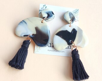 Marble Polymer Clay Earrings Coated With Resin And Cotton Black Tassels