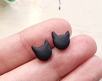 Tiny Black Cat Stud Earrings Minimalist Jewelry, Cute Cat Lover Gift For Her