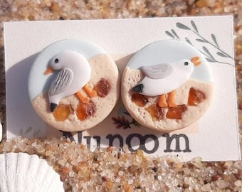 Seagull Bird Stud Earrings, Amber Stone Earrings, Ocean Polymer Clay Jewelry Gift For Her