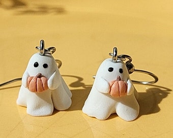 Halloween Ghost Pumpkin Earrings | Spooky Autumn Fall Earrings | Handmade Polymer Clay Earrings | Gift for Women