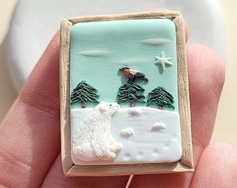 Polar Bear And Bullfinch Bird Brooch • Polymer Clay Brooch • Christmas Gift • Stocking Stuffer • Cute Polar Bear Gifts