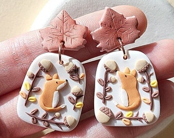 Rotfuchs Ohrringe, Ahornblatt Ohrringe, Cottagecore Wald Schmuck, Herbst Ton Ohrringe, Waldtier Geschenk für sie
