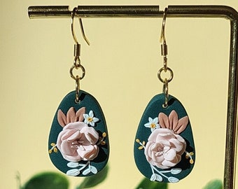 Peony Flower Earrings • Pink Fairy Floral Earrings • Clay Earrings • Cottagecore Jewellery • Handmade Jewelry • Spring Earrings