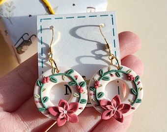 Christmas Wreath Earrings Poinsettia Flower Earrings Handmade Polymer Clay Earrings Holiday Jewelry, Unique Christmas Gift For Women