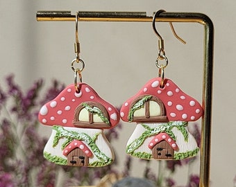 Mushroom House Earrings, Fairy Forest Earrings, Cottagecore Earrings, Handmade Polymer Clay Jewelry Gift For Her