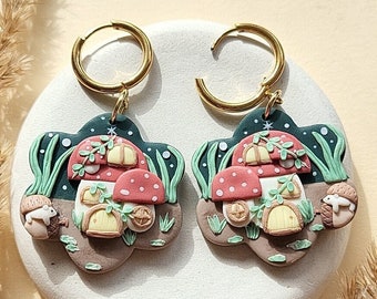 Cottagecore Mushroom House Earrings And Hedgehog Fairy Forest Jewelry Unique Christmas Gift For Her Artistic Jewellery