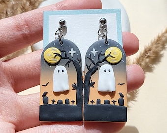Halloween Ghost Earrings Spooky Cemetery Earrings Autumn Fall Jewelry Handmade Polymer Clay Jewellery Gifts For Her Trick or Treat