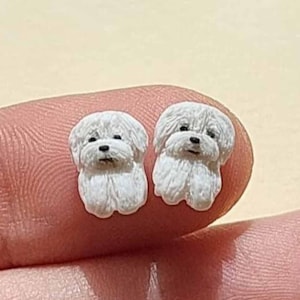 May include: A pair of white dog head stud earrings. The dog is a small breed with fluffy white fur and black eyes.