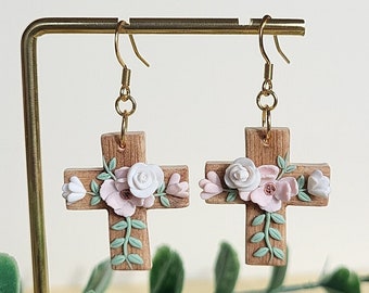 Floral Cross Earrings • Easter Earrings • Polymer Clay Jewelry • Gift For Her • Christian • Faith • Hope