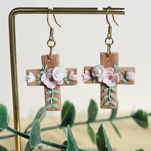 Floral Cross Earrings • Easter Earrings • Polymer Clay Jewelry • Gift For Her • Christian • Faith • Hope
