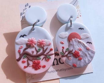 Sakura Earrings | Fuji Mountain Earrings | Spring Flower Polymer Clay Earrings | Gift For Her | Clip On