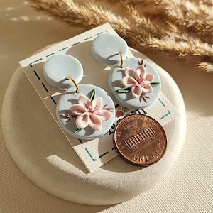 Pink flower clay earrings handmade