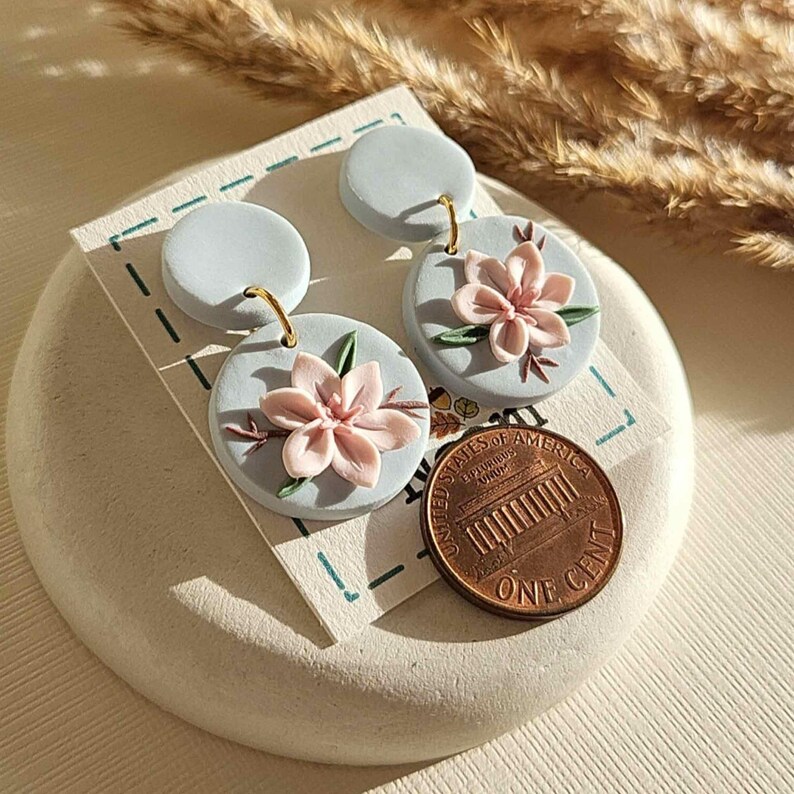 Pink flower clay earrings handmade